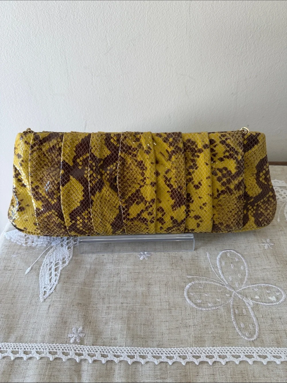 Antonio Melani Yellow/Brown Snakeskin Embossed Pleated Clutch/Shoulder Bag